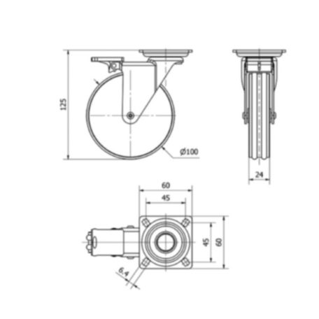 Designer Aluminium Lenk-Rolle mit Bremse, Gummi Lauffläche, Rad Ø 100 mm