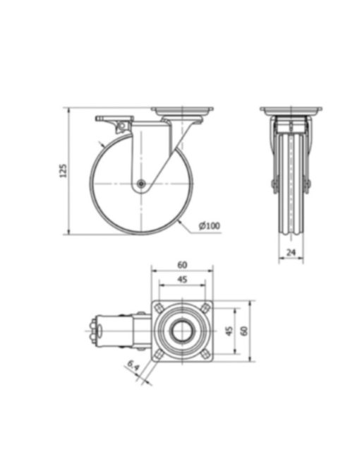Designer Aluminium Lenk-Rolle mit Bremse, Gummi Lauffläche, Rad Ø 100 mm