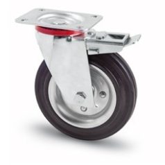   Stahlblech- Lenkrolle mit Feststeller und Anschraubplatte, Lauffläche aus Vollgummi Ø 160 mm