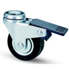   Polypropylen Lenk- Rolle mit Rückenloch und Feststeller (Kugellager), Lauffläche aus Elastik-Vollgummi Ø 50x18 mm