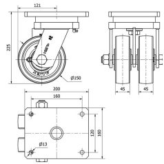   Polyamid- Doppellenkrolle mit Anschraubplatte, Kugelgelagert, Schwerlast Ø 150 mm