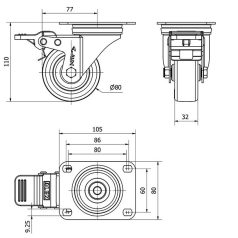   Polyamid- Lenkrolle mit Feststeller und Anschraubplatte, Lauffläche aus Polyurethan Ø 80 mm