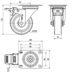   Polyamid- Lenkrolle mit Feststeller und Anschraubplatte, Lauffläche aus Polyurethan Ø 100 mm