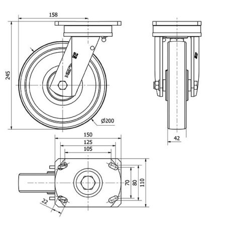 Schwerlast Polyamidrad-Lenkrolle mit Anschraubplatte Ø 200 mm (1350 kg)