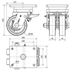   Polyamid- Doppellenkrolle mit Feststeller und Anschraubplatte, Kugelgelagert, Schwerlast Ø 150 mm