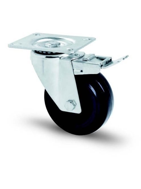 Hitzebeständiger Polyamid Lenk- Rolle mit Lauffläche aus elastischer Gummi, mit Feststeller und Anschraubplatte Ø 100 mm
