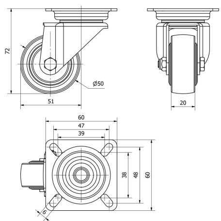 Polypropylen Lenkrolle mit Anschraubplatte, Lauffläche aus Polyamid Ø 50x20 mm