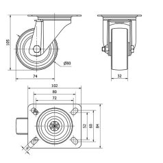   Polypropylen Lenk- Rolle mit Anschraubplatte, Lauffläche aus Elastik-Vollgummi Ø 80x32 mm