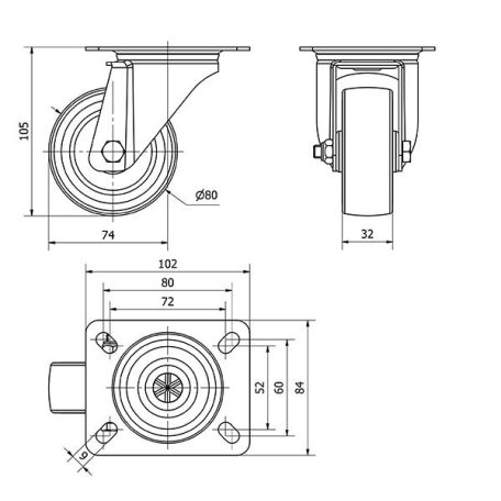 Polypropylen Lenk- Rolle mit Anschraubplatte, Lauffläche aus Elastik-Vollgummi Ø 80x32 mm