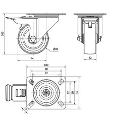   PolypropylenLenk- Rolle mit Feststeller und Anschraubplatte, Lauffläche aus Elastik-Vollgummi Ø 80x32 mm