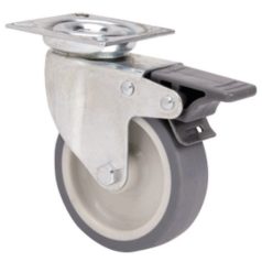   PolypropylenLenk- Rolle mit Feststeller und Anschraubplatte, Lauffläche aus Elastik-Vollgummi Ø 100 mm